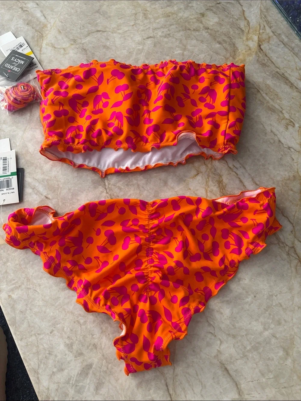 Salt + Cove Orange Bandeau Bikini Set with Pink Leaf Print